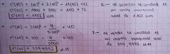 Interpretacin de las funciones de “costo” e “ingreso marginal” al evaluar en q = 10