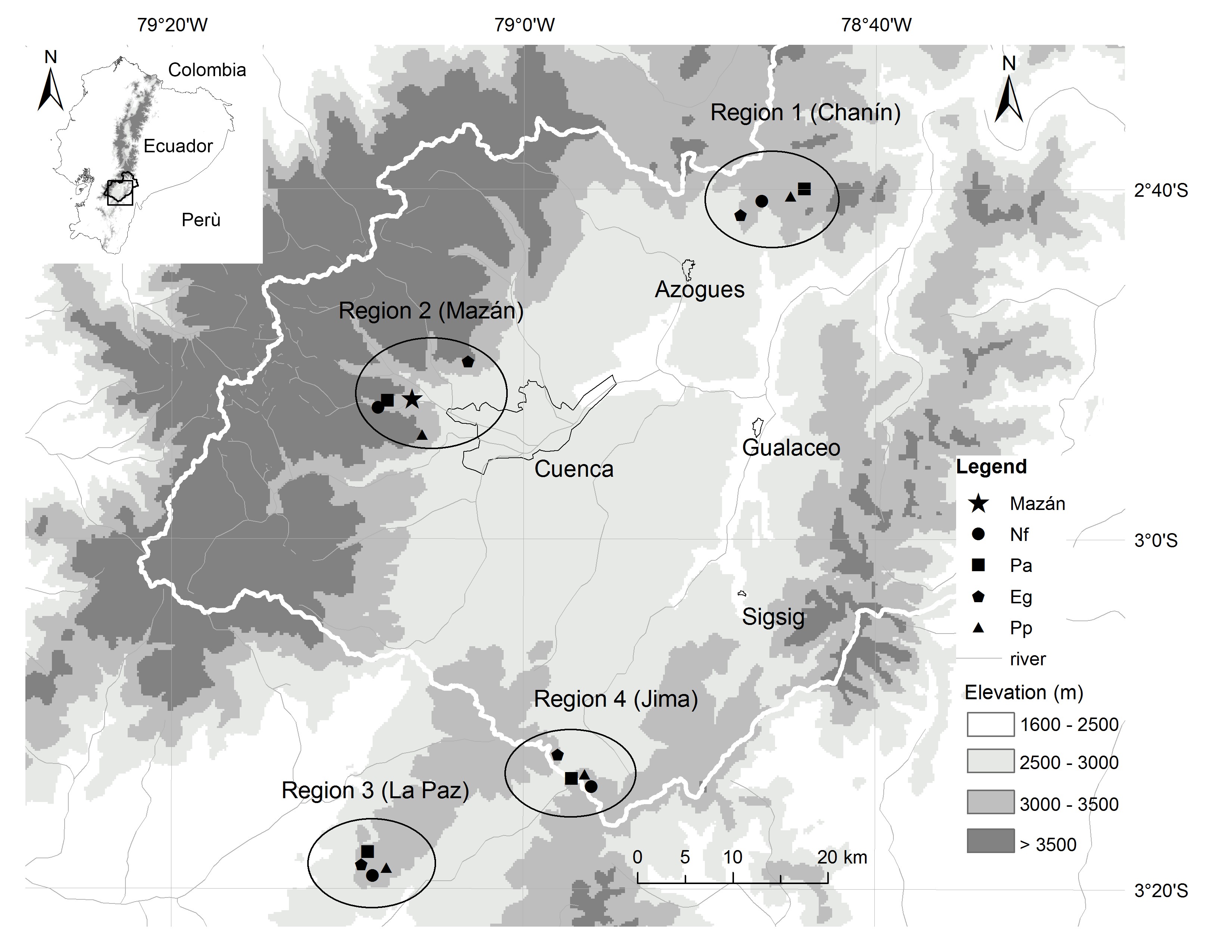 Map of the Paute
watershed showing locations of the 4 regions where soils of 4 land-use types
were collected. The quinoa experiment was conducted at Mazán. The map is
reproduced from Chacón et al. (2015).