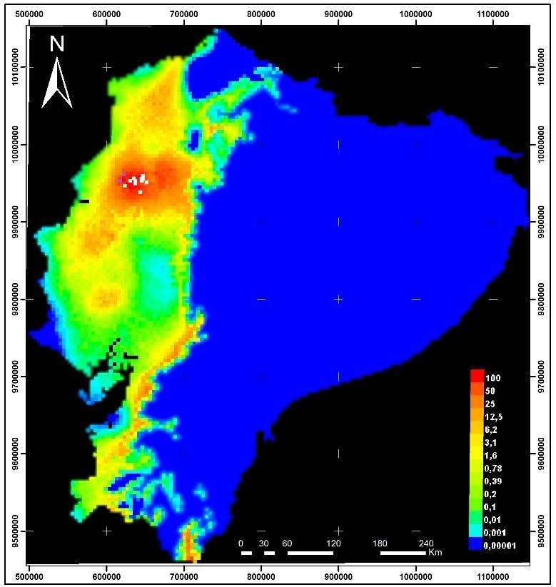 Modelo de
distribución geográfica potencial de la Cuniculus
Paca en el occidente de Ecuador.