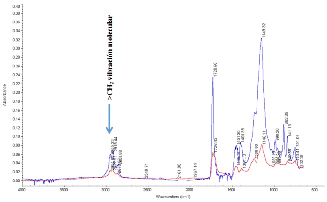 Superposici&oacute;n de espectros IR para Kynar Kynar Flex: azul &ndash; aglutinante inicial, rojo &ndash; despu&eacute;s de 48 h exposici&oacute;n

a soluci&oacute;n de KOH a 32wt %, a 60◦C. No se puede evaluar ning&uacute;n cambio relevante en la estructura del pol&iacute;mero (las alturas

m&aacute;ximas difieren debido a la cantidad de la muestra).

 