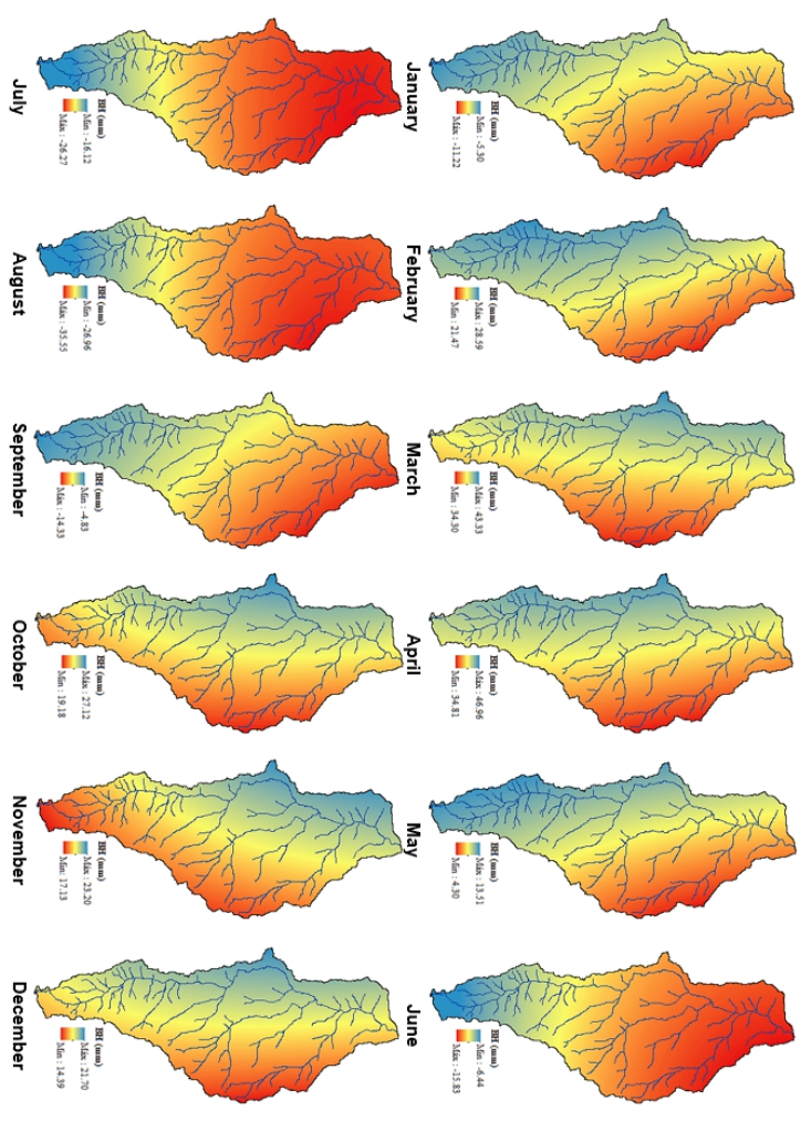 Evaluaci&oacute;n espacial del balance h&iacute;drico (BM) obtenida con ArcGIS, utilizando la serie de precipitaci&oacute;n y los valores de evapotranspiraci&oacute;n media mensual (P _ET0).