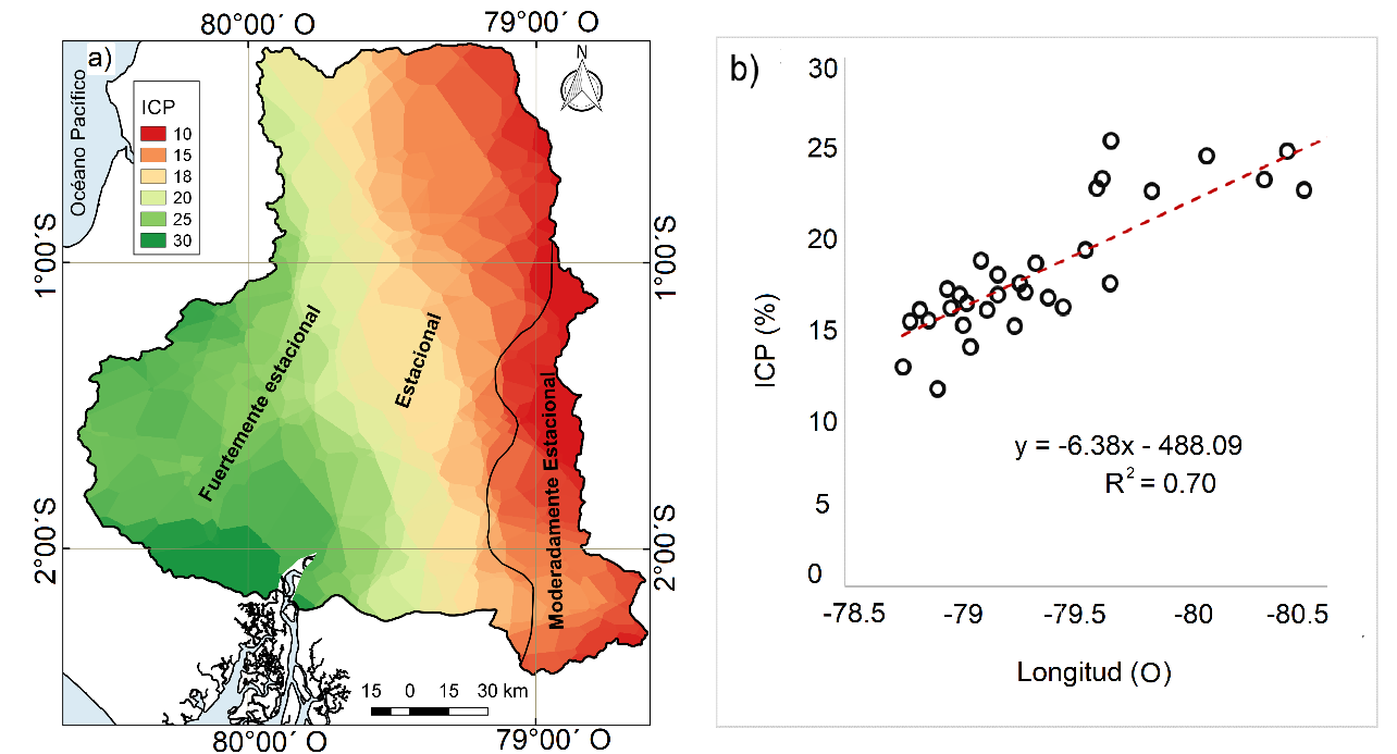
Distribución espacial: a) Concentración de las precipitaciones (ICP) promedio
anual para el período 1968-2014 y b) Correlación del ICP con la longitud.