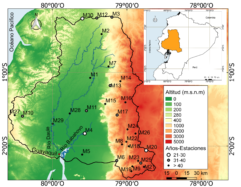 Localización de la cuenca del río Guayas, altitud, distribución de las
30 estaciones pluviométricas y años de estudio. El nombre de las estaciones se
indica en la Tabla 1.