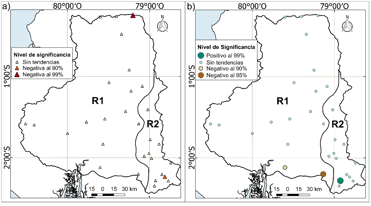 Distribución estacional de tendencias del ICP (1968–2014)
en la cuenca del río Guayas para diferentes rangos del nivel de significancia:
a) diciembre - mayo, b) junio - noviembre. 