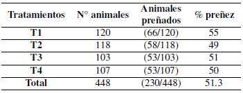 Porcentaje de preñez en vacas Brown Swiss y sus cruzas sometidas a tratamientos J- Synch con y sin eCG, a las 60 y 72 horas de IATF.
