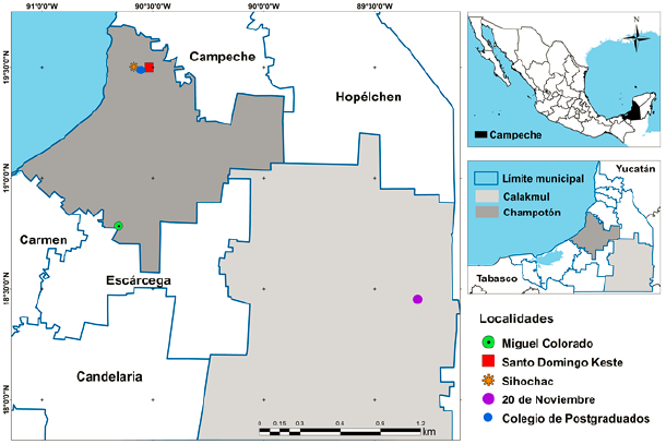 Ubicacin espacial de las localidades donde se recolect el material vegetativo y donde se realizaron los experimentos para evaluar la propagacin de Brosimun alicastrum Swartz en Campeche, Mxico.