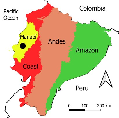 El mapa muestra las tres regiones biogeogr�ficas principales del Ecuador continental; la ubicaci�n de la provincia de Manab� (amarillo) y el Centro de Rescate y Refugio de Vida Silvestre de Valle Alto (punto negro).