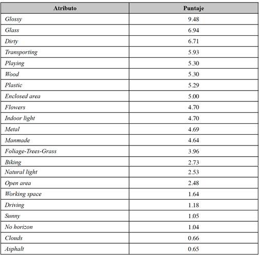 Resultados de los puntajes asignados a atributos de las fotografas obtenidos del modelo SVM