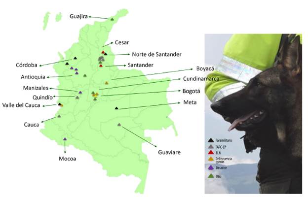 Geolocalizaci&oacute;n departamental de las operaciones para el hallazgo de restos humanos. 
