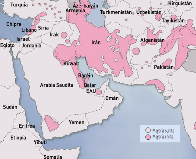 Localizaci&oacute;n espacial de Ir&aacute;n y la poblaci&oacute;n chiita a nivel regional.