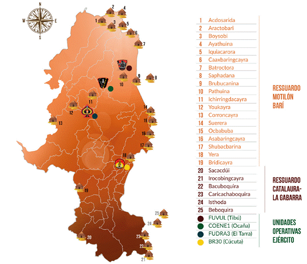 Resguardos de la etnia motil&oacute;n-bar&iacute; y unidades operativas del Ej&eacute;rcito en el Catatumbo.