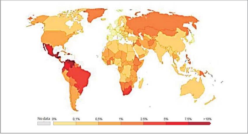 Porcentaje de muertes debidas a homicidios en el mundo (2017).