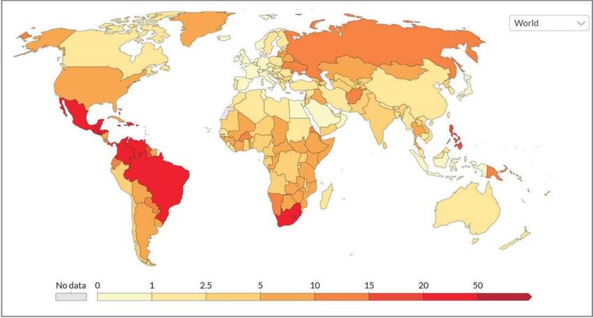 Tasa de homicidios por cada cien mil habitantes (2017).