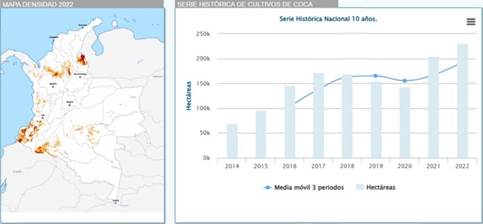 Din&aacute;mica de los cultivos de coca en Colombia, 2013-2022.