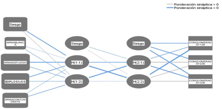 Estructura de la red neuronal de doble capa para pronosticar las muertes violentas en un conglomerado determinado.