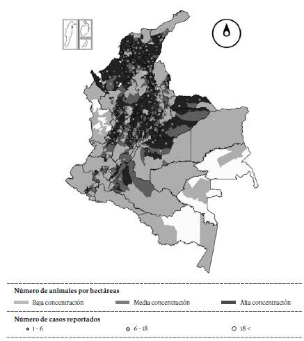 Distribución del hato nacional y número de casos de victimización a ganaderos, por municipio (1990-2010)