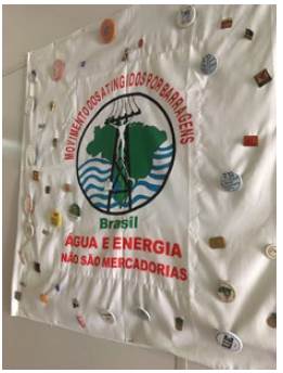 MAB’s flag, hanging in the secretariat office in São Point. The buttons are from various other movements and unions around the country and world; they are representative of the transnational solidarity networks being made