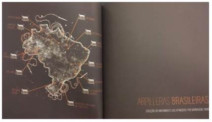 Inside the book, detailing the various locations of dam projects from which women atingidas contributed art to the Project