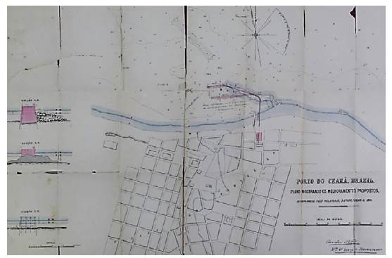 Porto de Fortaleza, por Charles Neate, 1870. O projeto fazia parte de relat&oacute;rio apresentado ao governo e manteve as prerrogativas de Pimenta Bueno, que perdurariam at&eacute; fins do s&eacute;culo XIX como a &uacute;nica op&ccedil;&atilde;o vi&aacute;vel