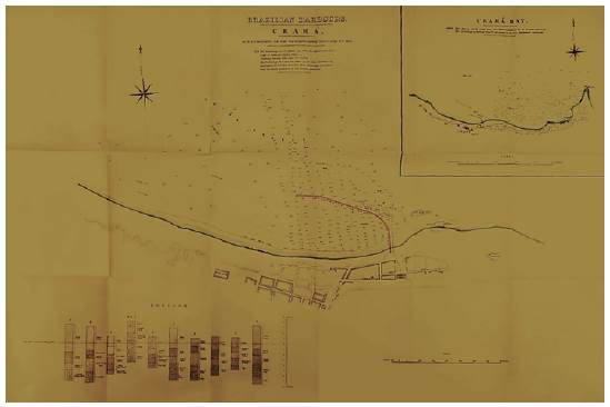 Planta elaborada pelo eng. Hawkshaw para o porto de Fortaleza, 1875. O projeto foi baseado numa s&eacute;rie de an&aacute;lises hidrol&oacute;gicas e geol&oacute;gicas para consubstanciar a organiza&ccedil;&atilde;o espacial do sistema.