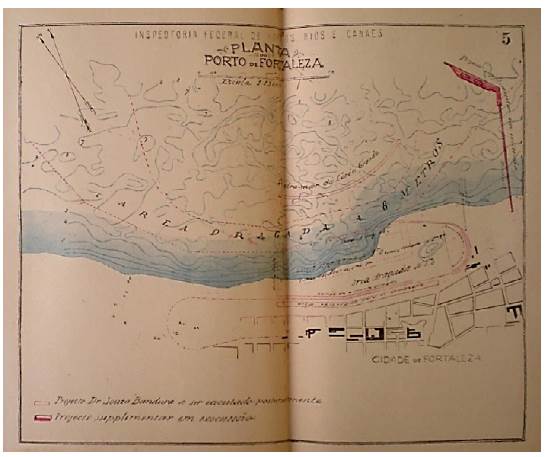 Porto de Fortaleza, 1926. A planta inclui os dois projetos previstos, como o de Souza Bandeira, de 1908 e o complementar, de 1920