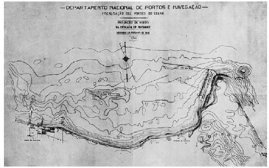 Projeto proposto pelo eng. Hor-Meyll (1932). A representa&ccedil;&atilde;o asume dois n&iacute;veis de interpreta&ccedil;&atilde;o, seja pela exposi&ccedil;&atilde;o gr&aacute;fica do projeto, seja pelo posicionamento de Mucuripe - no lado direito do mapa - em rela&ccedil;&atilde;o &agrave; cidade - abaixo &agrave; esquerda -, quase sempre criticada por diferentes setores da sociedade