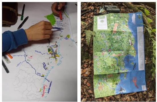a) Collective mapping process (2018), courtesy of Jens Ben&ouml;hr. b) Final printed map version of the Biobio project (2018)