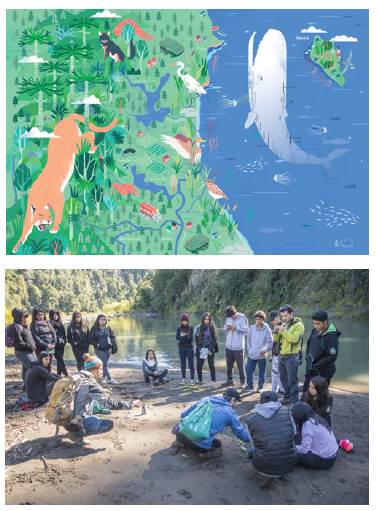 a) Details of the final illustrated map by Cristian Toro, showing I geographical and multispecies features of the Biobio Coast. See Appendix for final illustration. b) Environmental education workshop in Alto Biobio, conducted by the Ecopolitical Mapping team (2018)