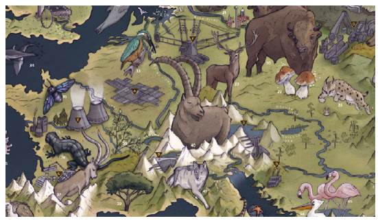 Details of the final illustrated map by Antonia Lara G, showing geographical and multispecies features of Europe. See Appendix for final illustration.