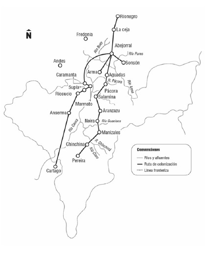 Mapa territorios de la colonización antioqueña en el Antiguo Caldas