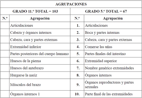 Muestra agrupaciones. CIcuerpo humano. Grados 11.º y 5.º