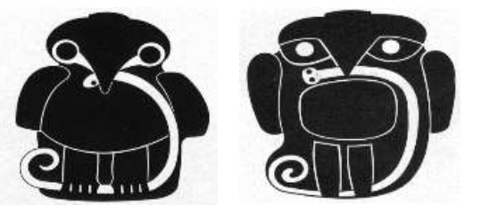 Un buho y un aguila manipulando una serpiente que gira fuera de la izquierda.