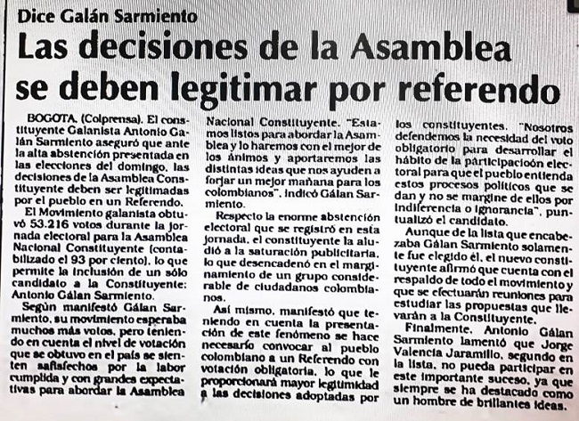 Texto 1: Las decisiones de la asamblea se deben legitimar por referendo. Dice Gal&aacute;n Sarmiento
