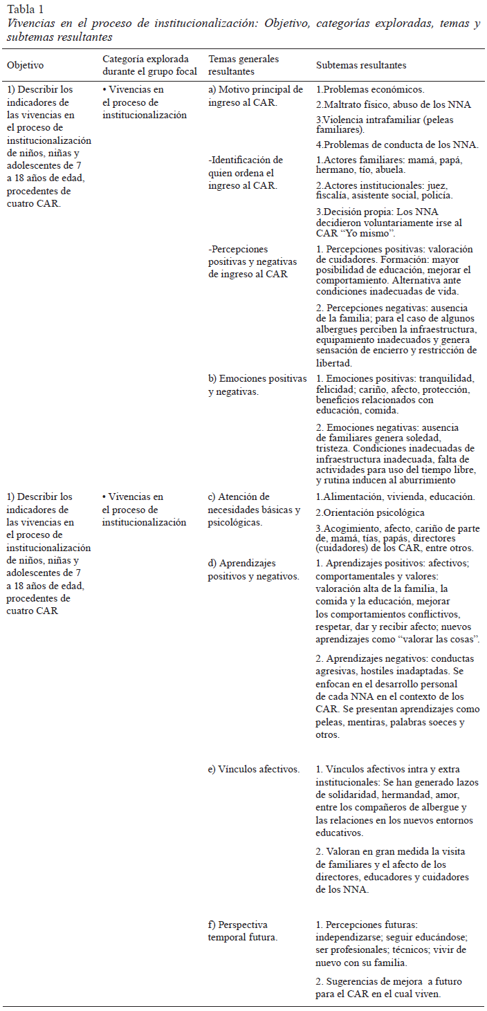 en el proceso de institucionalización: Objetivo, categorías exploradas, temas y subtemas resultantes
