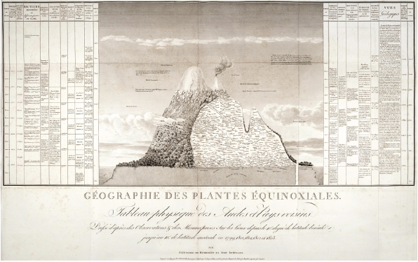 El Géographie des Plantes Équinoxiales, de Alexandervon Humboldt y Aimé Bonpland, fue el primer dibujo científicoque describe los distintos sistemas ecológicos por altura en LosAndes, como unidad interrelacionada (Von Humboldt, Alexander;Bonpland, Aimé (1807).