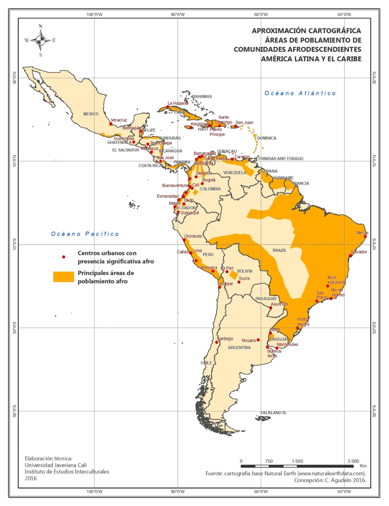 Aproximacin cartogrfica a las reas de poblamiento de comunidades afrodescendientes en Amrica Latina y el Caribe.