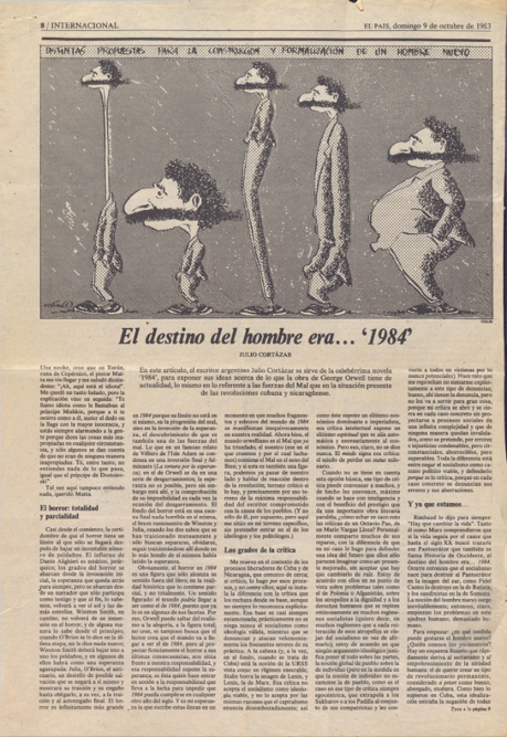 Primera publicaci�n de &ldquo;El destino del hombre era&hellip;�1984�&rdquo; en la edici�n del 9 de octubre de 1983 del diario El Pa�s de Espa�a (CRLA-Archivos, Poitiers)