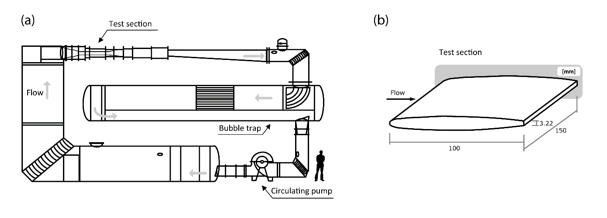 (a) Hydraulic circuit of the high-speed cavitation tunnel and (b) blunt trailing edge NACA 0009 hydrofoil made of stainless steel.