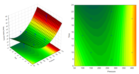 Response surface for mass fraction according to Time and Pressure