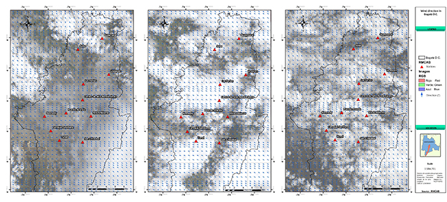 Figure 9. Wind direction map in Bogotá (27/09/2013, 31/07/2015, 04/07/2017)