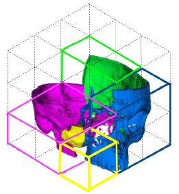 Cranium Slothouber-Graatsma puzzle composed of six 1 x 2 x 2 blocks and three 1 x 1 x 1 blocks into a 3 x 3 x 3 box. In this figure, three 1 x 2 x 2 blocks (Magenta, Blue, and Green) and one 1 x 1 x 1 block (Yellow) form the first level of the puzzle, as presented
