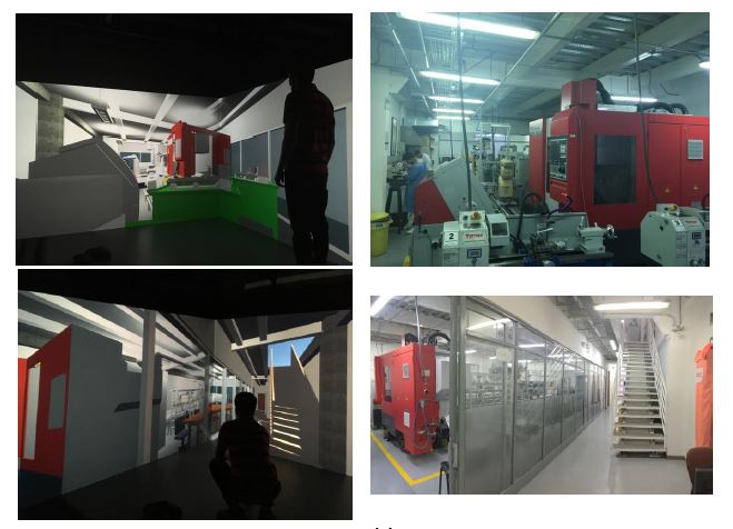 Snapshots of the CIM training game based on BIM and tested on a CAVE. A comparison between the real lab and the simulated room is presented. Users are expected to have a full immersion sensation when the game is displayed on CAVE