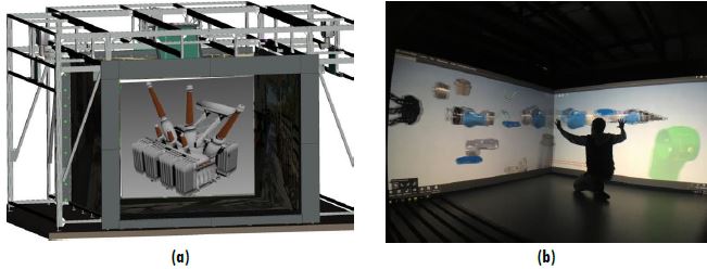 CAVE Barco S4 CAVE at PUJ, managed by CTAI and housed in the Centro &Aacute;tico. (a) Digital model of the system, (b) CAVE under operation