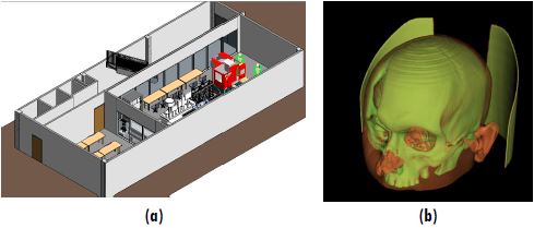 Game objects used for our serious games. (a) BIM of the first level of the CTAI lab, (b) Right, a 3D cranium model generated using DICOM images