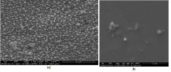 (a) SEM images of Se thin films of magnification 10,000 for thicknesses 157 nm, (b) SEM images of Se thin films of magnification 10,000 for thicknesses 210 nm