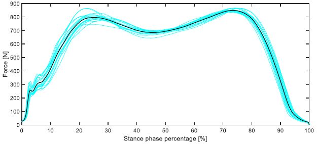 Reaction force on floor-foot contact across stance phase for normal gait
