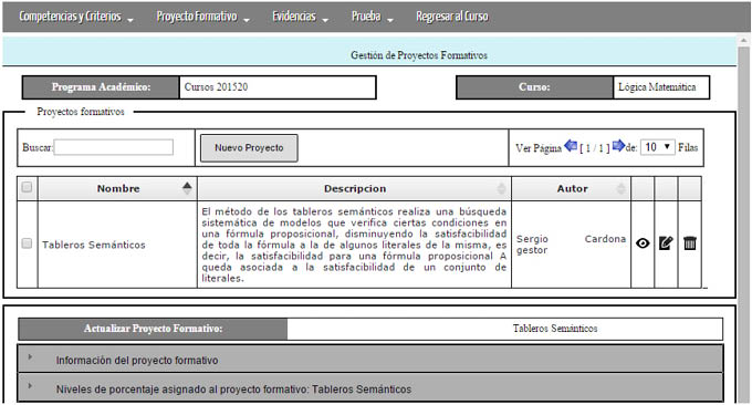 Vista del gestor para proyectos formativos.