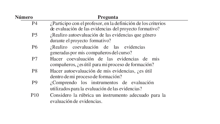 Extracto del cuestionario asociado al proceso de evaluaci&oacute;n