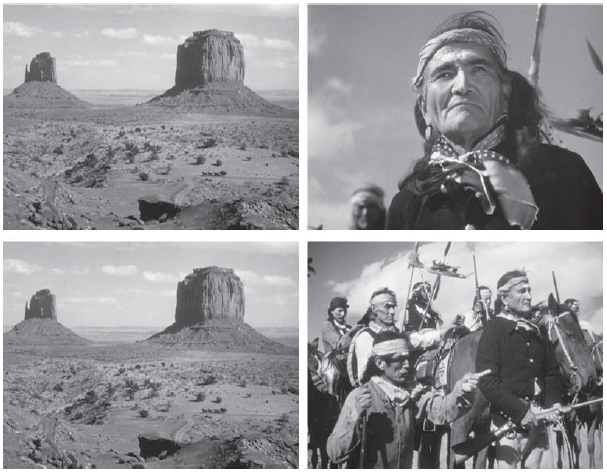 Las im&aacute;genes a la izquierda corresponden al motivo musical de la diligencia; las im&aacute;genes de la derecha corresponden al motivo musical de los apaches