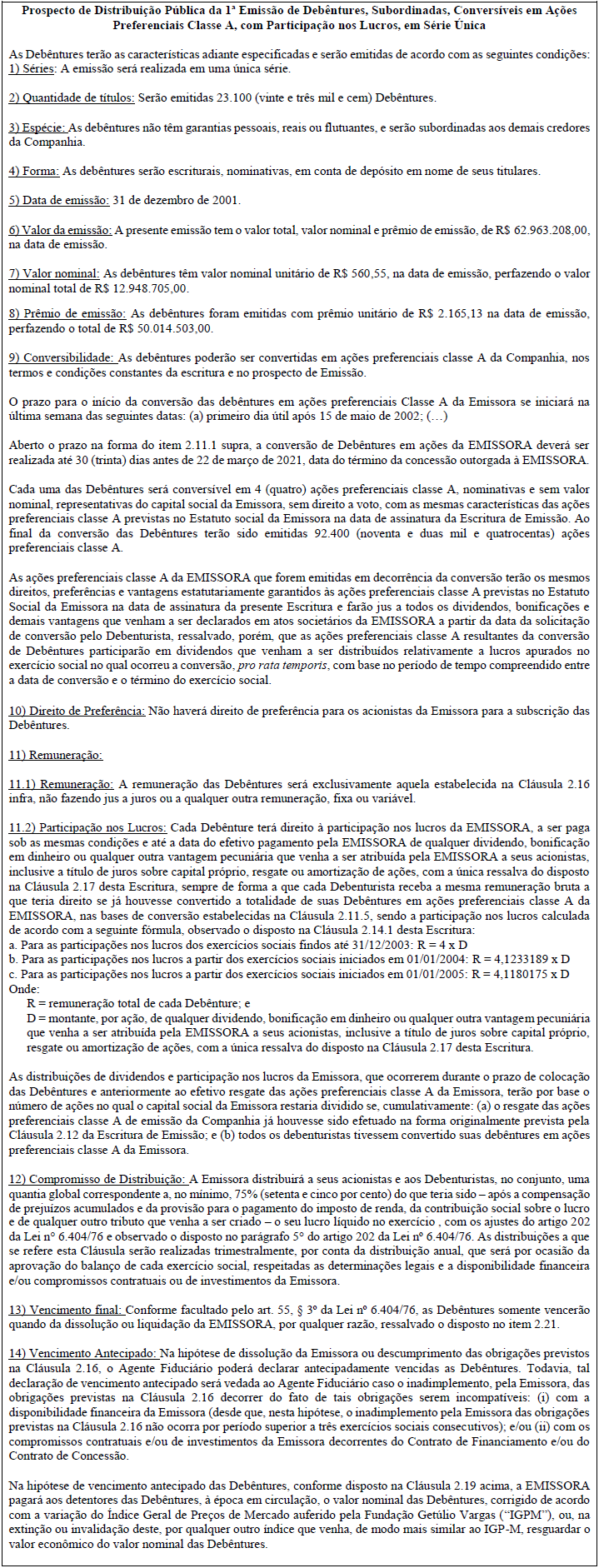 Item “a”: principais cláusulas da escritura de Emissão Pública de Debêntures
